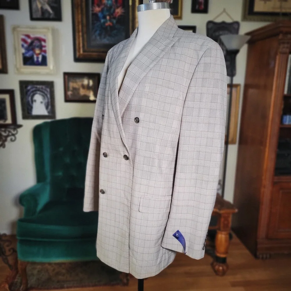 Sean John Gray‎ Blazer Jacket Plaid Double-Breasted Checkered Notched Large